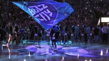 Oct 29, 2014; Charlotte, NC, USA; The basketball court for the Charlotte Hornets sports the new logo before the opening home game against the Milwaukee Bucks at Time Warner Cable Arena. Mandatory Credit: Sam Sharpe-USA TODAY Sports