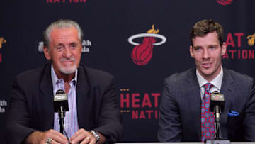 MIAMI, FL - July 9: Pat Riley, executive of the Miami Heat, announces the re-signing of Goran Dragic during a press conference at the American Airlines Arena in Miami, Florida on July 9, 2015. NOTE TO USER: User expressly acknowledges and agrees that, by downloading and/or using this photograph, user is consenting to the terms and conditions of the Getty Images License Agreement. Mandatory copyright notice: Copyright NBAE 2015 (Photo by Issac Baldizon/NBAE via Getty Images)
