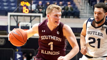 INDIANAPOLIS, IN - DECEMBER 21: Marcus Domask #1 of the Southern Illinois Salukis dribbles the ball during a college basketball game against the Butler Bulldogs on December 21, 2020 at Hinkle Fieldlhouse in Indianapolis, Indiana. (Photo by Mitchell Layton/Getty Images)