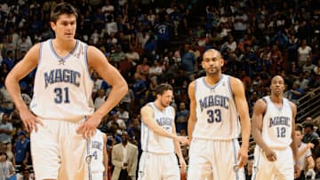 Orlando Magic's Darko Milicic, Jameer Nelson, Hedo Turkoglu, Grant Hill and Dwight Howard walk down the court during the NBA's Eastern Conference quarterfinals in Orlando, Florida, Saturday, April 28, 2007. The Pistons defeated the Magic 97-93. (Photo by Gary W. Green/Orlando Sentinel/MCT via Getty Images)