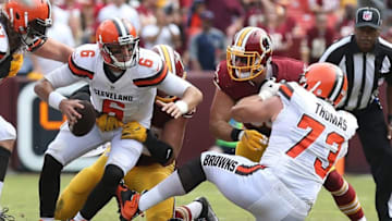 Oct 2, 2016; Landover, MD, USA; Cleveland Browns quarterback Cody Kessler (6) is sacked by Washington Redskins defensive end Trent Murphy (93) in the second quarter at FedEx Field. Mandatory Credit: Geoff Burke-USA TODAY Sports