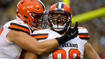 GREEN BAY, WI - AUGUST 12: Carl Nassib #94 and Jamie Meder #98 of the Cleveland Browns celebrate after recording a safety in the first quarter against the Green Bay Packers at Lambeau Field on August 12, 2016 in Green Bay, Wisconsin. (Photo by Dylan Buell/Getty Images)