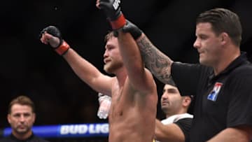 Sep 3, 2016; Hamburg, Germany; Alexander Gustafsson (red gloves) defeats Jan Blachowicz (blue gloves) during UFC Fight Night at Barclaycard Arena. Mandatory Credit: Per Haljestam-USA TODAY Sports