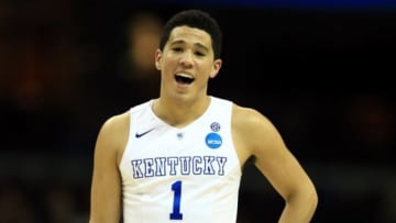 Mar 26, 2015; Cleveland, OH, USA; Kentucky Wildcats guard Devin Booker (1) reacts during the second half against the West Virginia Mountaineers in the semifinals of the midwest regional of the 2015 NCAA Tournament at Quicken Loans Arena. Mandatory Credit: Andrew Weber-USA TODAY Sports