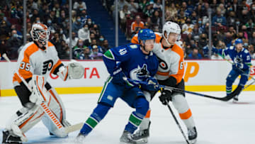 Oct 28, 2021; Vancouver, British Columbia, CAN; Philadelphia Flyers goalie Martin Jones (35) looks on as defenseman Travis Sanheim (6) checks Vancouver Canucks forward Elias Pettersson (40) in the third period at Rogers Arena. Flyers won 2-1. Mandatory Credit: Bob Frid-USA TODAY Sports