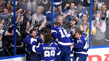Jul 7, 2021; Tampa, Florida, USA; Tampa Bay Lightning celebrate after defeating the Montreal Canadiens 1-0 in game five to win the 2021 Stanley Cup Final at Amalie Arena. Mandatory Credit: Douglas DeFelice-USA TODAY Sports