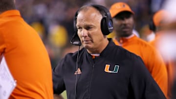 CHARLOTTESVILLE, VA - OCTOBER 13: Head coach Mark Richt of the Miami Hurricanes waits for a review in the second half during a game against the Virginia Cavaliers at Scott Stadium on October 13, 2018 in Charlottesville, Virginia. (Photo by Ryan M. Kelly/Getty Images)