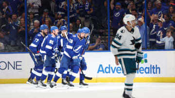 Oct 26, 2023; Tampa, Florida, USA; Tampa Bay Lightning left wing Nicholas Paul (20) is congratulated after he score a goal against the San Jose Sharks during the second period at Amalie Arena. Mandatory Credit: Kim Klement Neitzel-USA TODAY Sports
