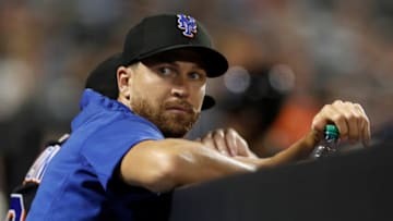 NEW YORK, NEW YORK - AUGUST 13: Jacob deGrom #48 of the New York Mets looks on against the Los Angeles Dodgers at Citi Field on August 13, 2021 in New York City. The Dodgers defeated the Mets 6-5 in ten innings. (Photo by Jim McIsaac/Getty Images)