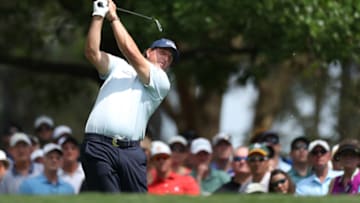 AUGUSTA, GEORGIA - APRIL 11: Phil Mickelson of the United States plays his shot from the fourth tee during the first round of the Masters at Augusta National Golf Club on April 11, 2019 in Augusta, Georgia. (Photo by David Cannon/Getty Images)