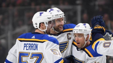 LOS ANGELES, CALIFORNIA - DECEMBER 23: Alex Pietrangelo #27 of the St. Louis Blues celebrates his power play goal with Jaden Schwartz #17 and David Perron #57, to take a 2-0 lead over the Los Angeles Kings, during the first period at Staples Center on December 23, 2019 in Los Angeles, California. (Photo by Harry How/Getty Images)