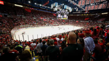 DETROIT, MI - APRIL 09: Fans look on as the puck drops for the last NHL game at Joe Louis Arena between the New Jersey Devils and the Detroit Red Wings on April 9, 2017 in Detroit, Michigan. (Photo by Gregory Shamus/Getty Images)