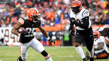 CLEVELAND, OHIO - JANUARY 09: Demetric Felton #25 of the Cleveland Browns runs the ball for a touchdown during the fourth quarter against the Cincinnati Bengals at FirstEnergy Stadium on January 09, 2022 in Cleveland, Ohio. (Photo by Emilee Chinn/Getty Images)