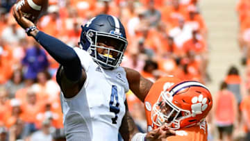 CLEMSON, SC - SEPTEMBER 15: Defensive lineman Xavier Thomas #3 of the Clemson Tigers lunges for quarterback Shai Werts #4 of the Georgia Southern Eagles as he attempts a pass during the football game at Clemson Memorial Stadium on September 15, 2018 in Clemson, South Carolina. (Photo by Mike Comer/Getty Images)