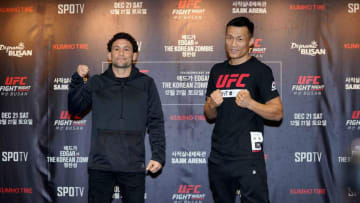 BUSAN, SOUTH KOREA - DECEMBER 19: (L-R) Frankie Edgar and Chan Sung Jung of South Korea pose for media during the UFC Fight Night Ultimate Media Day at Lotte Hotel Busan on December 19, 2019 in Busan, South Korea. (Photo by Jeff Bottari/Zuffa LLC via Getty Images)