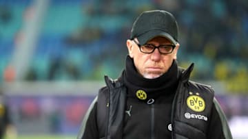 LEIPZIG, GERMANY - MARCH 03: Head coach Peter Stoeger of Dortmund looks on prior to the Bundesliga match between RB Leipzig and Borussia Dortmund at Red Bull Arena on March 3, 2018 in Leipzig, Germany. (Photo by TF-Images/TF-Images via Getty Images)