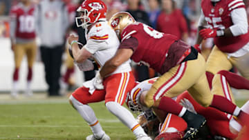 San Francisco 49ers defensive lineman Eddie Vanderdoes (63) tackles Kansas City Chiefs quarterback Shane Buechele (6) Mandatory Credit: Darren Yamashita-USA TODAY Sports