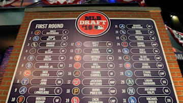 SECAUCUS, NJ - JUNE 03: A general view of the completed first round draft board during the 2019 Major League Baseball Draft at Studio 42 at the MLB Network on Monday, June 3, 2019 in Secaucus, New Jersey. (Photo by Alex Trautwig/MLB via Getty Images)