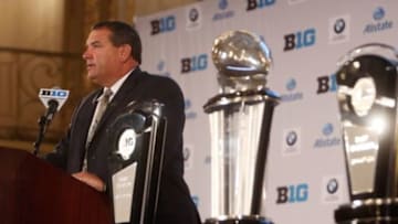 Jul 28, 2014; Chicago, IL, USA; Michigan Wolverines head coach Brady Hoke addresses the media during the Big Ten football media day at Hilton Chicago. Mandatory Credit: Jerry Lai-USA TODAY Sports