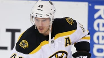 Dec 2, 2015; Edmonton, Alberta, CAN; Boston Bruins forward David Krejci (46) skates during warmup against the Edmonton Oilers at Rexall Place. Mandatory Credit: Perry Nelson-USA TODAY Sports