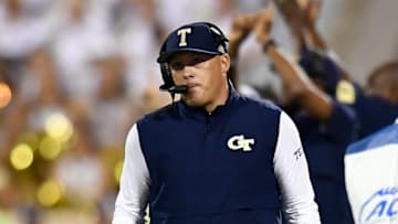 CLEMSON, SOUTH CAROLINA - AUGUST 29: Head coach Geoff Collins of the Georgia Tech Yellow Jackets looks on during the first quarter of the Yellow Jackets' football game against the Clemson Tigers at Memorial Stadium on August 29, 2019 in Clemson, South Carolina. (Photo by Mike Comer/Getty Images)