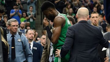 MINNEAPOLIS, MN - MARCH 08: Jaylen Brown #7 of the Boston Celtics walks off the court after a hard fall during the fourth quarter of the game against the Minnesota Timberwolves on March 8, 2018 at the Target Center in Minneapolis, Minnesota. NOTE TO USER: User expressly acknowledges and agrees that, by downloading and or using this Photograph, user is consenting to the terms and conditions of the Getty Images License Agreement. (Photo by Hannah Foslien/Getty Images)