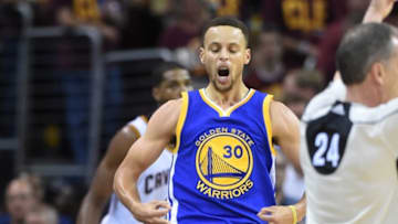 Jun 10, 2016; Cleveland, OH, USA; Golden State Warriors guard Stephen Curry (30) celebrates after scoring a three point basket against the Cleveland Cavaliers during the third quarter in game four of the NBA Finals at Quicken Loans Arena. Mandatory Credit: Ken Blaze-USA TODAY Sports