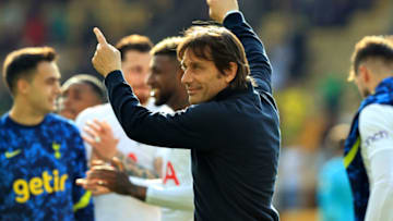 NORWICH, ENGLAND - MAY 22: Antonio Conte, the Tottenham Hotspur manager celebrates after their victory during the Premier League match between Norwich City and Tottenham Hotspur at Carrow Road on May 22, 2022 in Norwich, England. (Photo by David Rogers/Getty Images)
