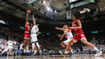 EAST LANSING, MI - FEBRUARY 02: Romeo Langford #0 of the Indiana Hoosiers shoots the ball late in the in the second half against Xavier Tilman #23 of the Michigan State Spartans at Breslin Center on February 2, 2019 in East Lansing, Michigan. (Photo by Rey Del Rio/Getty Images)
