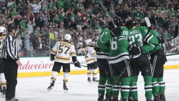 DALLAS, TX - MARCH 23: Jason Dickinson #16, Esa Lindell #23 and the Dallas Stars celebrate a goal against the Boston Bruins at the American Airlines Center on March 23, 2018 in Dallas, Texas. (Photo by Glenn James/NHLI via Getty Images) *** Local Caption *** Jason Dickinson;Esa Lindell
