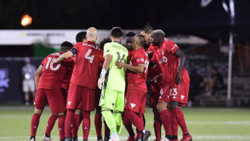 Toronto FC huddle. (Photo by Emilee Chinn/Getty Images)