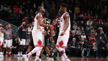 CHICAGO, IL - DECEMBER 8: Jimmy Butler #21 of the Chicago Bulls talks with Dwyane Wade #3 of the Chicago Bulls during the game against the San Antonio Spurs at the United Center on December 8, 2016 in Chicago, Illinois. NOTE TO USER: User expressly acknowledges and agrees that, by downloading and/or using this photograph, user is consenting to the terms and conditions of the Getty Images License Agreement. Mandatory Copyright Notice: Copyright 2016 NBAE (Photo by Nathaniel S. Butler/NBAE via Getty Images)