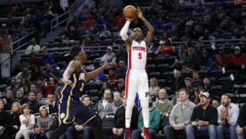 Dec 17, 2016; Auburn Hills, MI, USA; Detroit Pistons guard Kentavious Caldwell-Pope (5) takes a shot over Indiana Pacers center Myles Turner (33) during the third quarter at The Palace of Auburn Hills. The Pacers won 105-90. Mandatory Credit: Raj Mehta-USA TODAY Sports