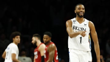Mikal Bridges #1 of the Brooklyn Nets reacts after scoring during the second half against the Miami Heat (Photo by Sarah Stier/Getty Images)