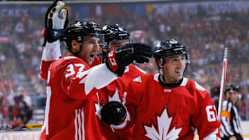 Sep 17, 2016; Toronto, Ontario, Canada; Team Canada forward Patrice Bergeron (37) celebrates with teammates in the first period after scoring a goal against Team Czech Republic during preliminary round play in the 2016 World Cup of Hockey at Air Canada Centre. Mandatory Credit: Kevin Sousa-USA TODAY Sports