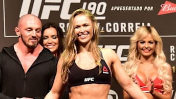Jul 31, 2015; Rio de Janeiro, RJ, Brazil; Ronda Rousey during weigh-ins for UFC 190 at HSBC Arena. Mandatory Credit: Jason Silva-USA TODAY Sports
