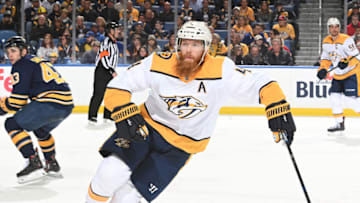 BUFFALO, NY - APRIL 2: Ryan Ellis #4 of the Nashville Predators skates against the Buffalo Sabres during an NHL game on April 2, 2019 at KeyBank Center in Buffalo, New York. (Photo by Joe Hrycych/NHLI via Getty Images)