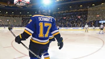 Feb 16, 2016; St. Louis, MO, USA; St. Louis Blues left wing Jaden Schwartz (17) is congratulated by right wing Vladimir Tarasenko (91) after scoring a goal against the Dallas Stars during the second period at the Scottrade Center. Mandatory Credit: Jeff Curry-USA TODAY Sports