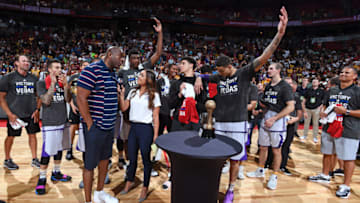 LAS VEGAS, NV - JULY 17: Magic Johnson of the Los Angeles Lakers speaks to a reporter after the Lakers beat the Portland Trailblazers during the 2017 Summer League Finals on July 17, 2017 at the Thomas