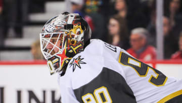 CALGARY, AB - MARCH 8: Robin Lehner #90 of the Vegas Golden Knights in action against the Calgary Flames during an NHL game at Scotiabank Saddledome on March 8, 2020 in Calgary, Alberta, Canada. (Photo by Derek Leung/Getty Images)