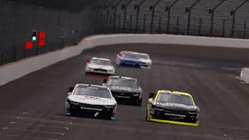 INDIANAPOLIS, IN - JULY 22: William Byron, driver of the #9 Liberty University Chevrolet, takes the checkered flag to win the NASCAR XFINITY Series Lilly Diabetes 250 at Indianapolis Motorspeedway on July 22, 2017 in Indianapolis, Indiana. (Photo by Sean Gardner/Getty Images)
