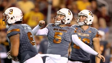 Oct 8, 2016; Tempe, AZ, USA; Arizona State Sun Devils kicker Zane Gonzalez kicks a field goal in the fourth quarter against the UCLA Bruins at Sun Devil Stadium. Gonzalez set an NCAA Division one FBS record for career field goals with the kick. The Sun Devils defeated the Bruins 23-20. Mandatory Credit: Mark J. Rebilas-USA TODAY Sports