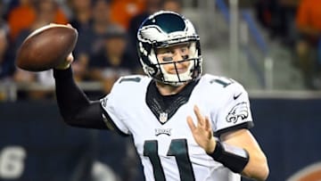 Sep 19, 2016; Chicago, IL, USA; Philadelphia Eagles quarterback Carson Wentz (11) drops back to pass against the Chicago Bears during the second quarter at Soldier Field. Mandatory Credit: Mike DiNovo-USA TODAY Sports