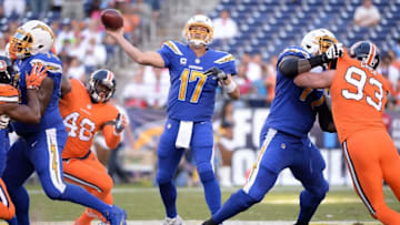Oct 13, 2016; San Diego, CA, USA; San Diego Chargers quarterback Philip Rivers (17) throws a pass during the first quarter of the game against the Denver Broncos at Qualcomm Stadium. Mandatory Credit: Orlando Ramirez-USA TODAY Sports