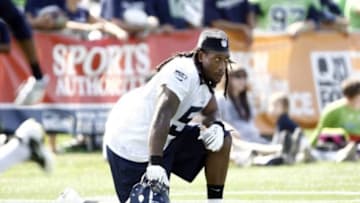 Jul 29, 2012; Renton, WA, USA; NFL: Seattle Seahawks defensive end Bruce Irvin (51) watches a training camp scrimmage from the sidelines at the Virginia Mason Athletic Center. Mandatory Credit: Joe Nicholson-USA TODAY Sports