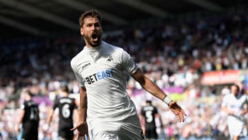 SWANSEA, WALES - MAY 21: Swansea player Fernando Llorente celebrates his and the winning goal during the Premier League match between Swansea City and West Bromwich Albion at Liberty Stadium on May 21, 2017 in Swansea, Wales. (Photo by Stu Forster/Getty Images)