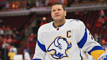 Jan 17, 2023; Chicago, Illinois, USA; Buffalo Sabres forward Kyle Okposo (21) warms up before a game against the Chicago Blackhawks at United Center. Mandatory Credit: Jamie Sabau-USA TODAY Sports