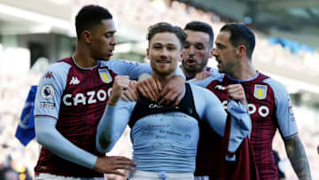 BRIGHTON, ENGLAND - FEBRUARY 26: Matty Cash celebrates with Jacob Ramsey, John McGinn and Danny Ings of Aston Villa after scoring their team's first goal during the Premier League match between Brighton & Hove Albion and Aston Villa at American Express Community Stadium on February 26, 2022 in Brighton, England. (Photo by Henry Browne/Getty Images)