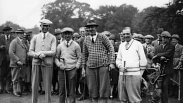 4th June 1926: Competitors in the International Golf Tournament between Great Britain and America at Wentworth Park, Virginia Water, (left to right) F Robson (Britain), Fred McLeod (USA), Edward Ray (Britain) and Cyril Walker (USA). (Photo by Kirby/Topical Press Agency/Getty Images)
