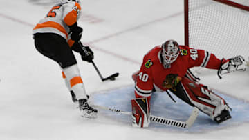 Oct 24, 2019; Chicago, IL, USA; Philadelphia Flyers left wing James van Riemsdyk (25) shoots and scores a goal on Chicago Blackhawks goaltender Robin Lehner (40) during the third period at United Center. Mandatory Credit: David Banks-USA TODAY Sports